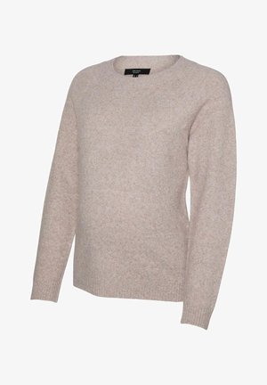 Jasno beżowy sweter wykonany z miękkiej dzianiny, z okrągłym dekoltem i długimi rękawami z prążkowanymi mankietami oraz dołem. Prosty design.