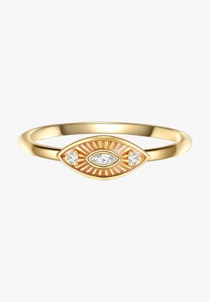 Gouden ring met een oogvormig ontwerp, voorzien van een centrale marquise geslepen steen, twee kleine ronde accenten en een gestructureerd zonnestraalpatroon.