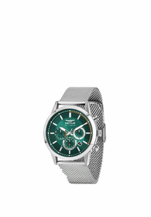 Orologio da polso con cinturino in maglia d'argento, quadrante verde, tre quadranti ausiliari, finestra della data e indici e lancette bianchi.