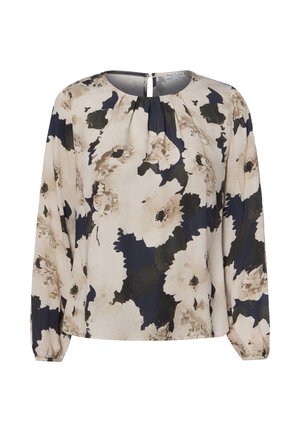 Langärmelige Bluse mit beigefarbenem, schwarzem und marineblauem Blumenmuster, rundem Ausschnitt mit Falten und elastischen Bündchen.