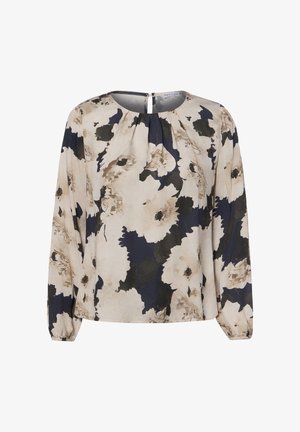 Langärmelige Bluse mit beigefarbenem, schwarzem und marineblauem Blumenmuster, rundem Ausschnitt mit Falten und elastischen Bündchen.