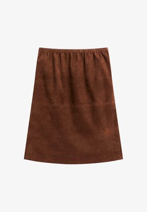 Hnědá semišová sukně ve tvaru A s elastickým pasem, hladkou texturou a délkou ke kolenům, bez viditelných vzorů nebo akcentů.