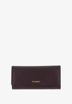 Portefeuille en cuir bordeaux avec une finition texturée, arborant un logo doré « PICARD ». Forme rectangulaire avec des bords cousus et une fermeture à rabat.