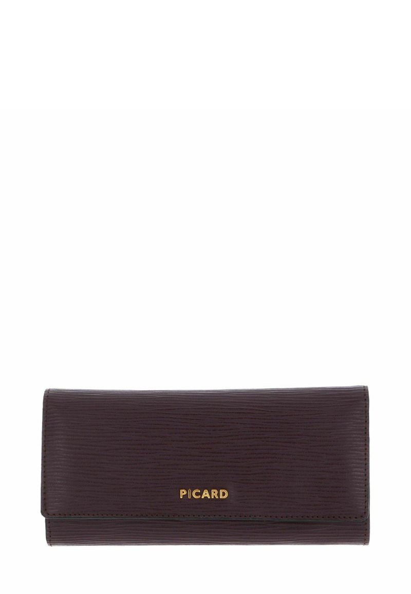 Portefeuille en cuir bordeaux avec une finition texturée, arborant un logo doré « PICARD ». Forme rectangulaire avec des bords cousus et une fermeture à rabat.