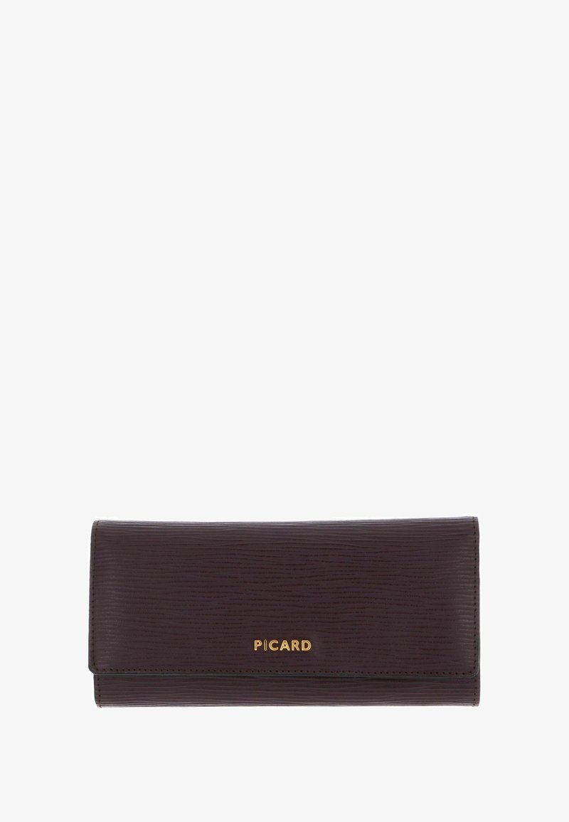 Portefeuille en cuir bordeaux avec une finition texturée, arborant un logo doré « PICARD ». Forme rectangulaire avec des bords cousus et une fermeture à rabat.
