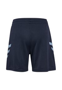 Navyblauwe sportkorte broek met elastische tailleband, voorzien van drie schuine lichtblauwe strepen aan elke kant.