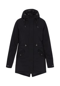 Sort hættejakke med frontlynlås, justerbare snore i hætten og taljen samt klaplommer med trykknaplukninger.