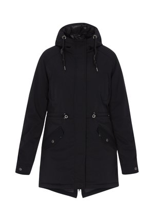 Musta hupullinen parka, jossa on etuvetoketju, säädettävät kiristysnyörit hupussa ja vyötäröllä sekä läppätaskut nappisuljin.