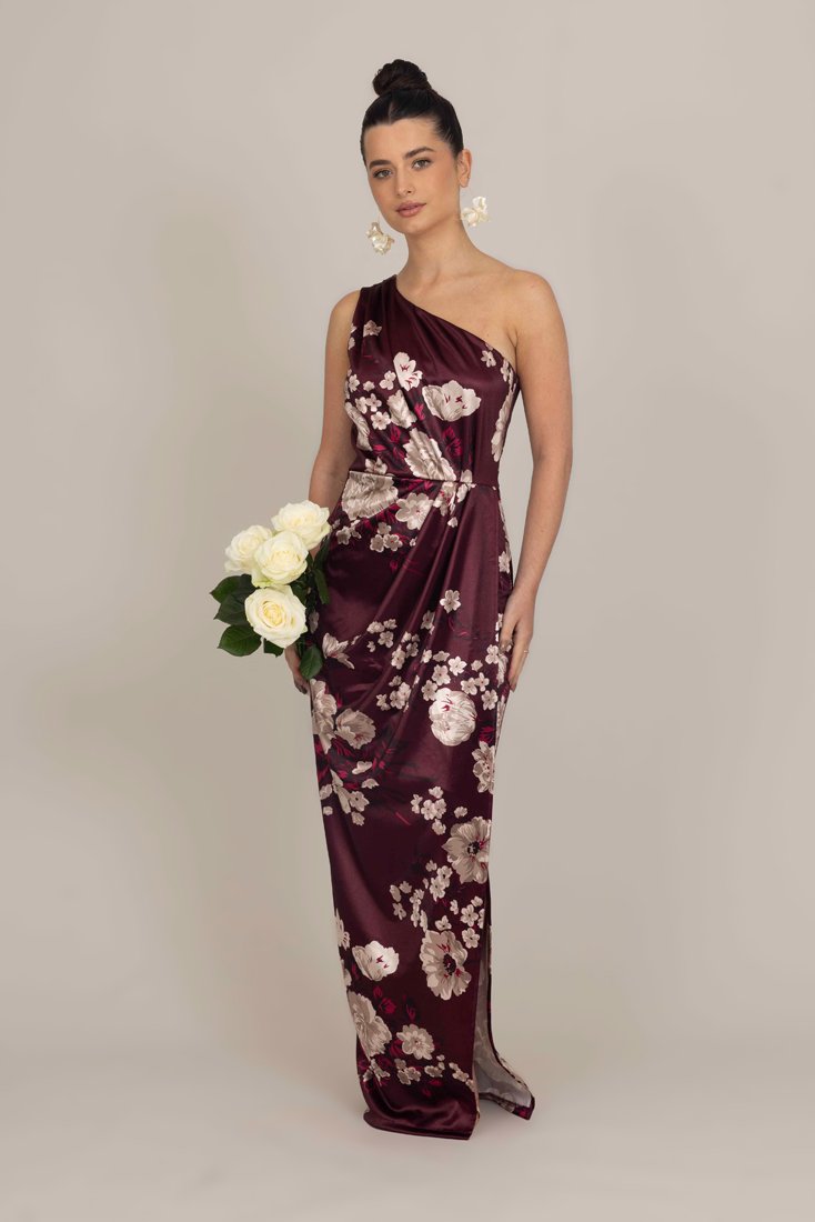 strapless open back dress Verity One-Shoulder Sheer Maxi Dress Wine