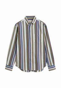 Gestreiftes Langarmhemd in Blau, Grün, Orange und Weiß. Verfügt über einen Button-Down-Kragen und eine Brusttasche. Baumwollstoff.