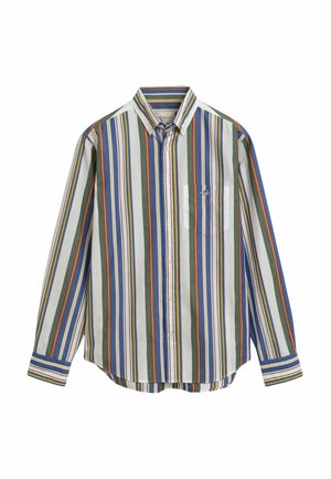 Nieformalna, w paski, koszula z długim rękawem w odcieniach niebieskiego, zielonego, pomarańczowego i białego. Posiada kołnierzyk z guzikami i kieszeń na piersi. Wykonana z bawełny.