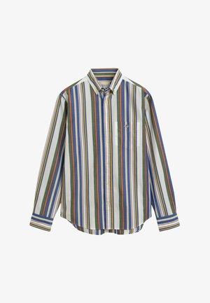 Nieformalna, w paski, koszula z długim rękawem w odcieniach niebieskiego, zielonego, pomarańczowego i białego. Posiada kołnierzyk z guzikami i kieszeń na piersi. Wykonana z bawełny.