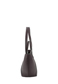 Tote-Tasche aus dunkelbraunem, strukturiertem Leder mit zwei Schulterriemen, seitlich auf einem weißen Hintergrund gezeigt.