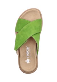 Green suede slide sandal with crisscross straps, beige cushioned footbed, and logo detailing. Lightweight with a round toe design.