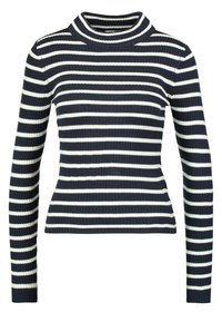 Suéter de cuello alto de manga larga de canalé azul marino con rayas horizontales blancas, que presenta un diseño ajustado y una tela texturizada.