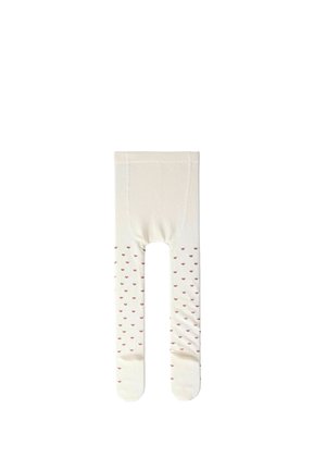 Collants pour bébé couleur crème avec petits motifs en forme de cœur rouges sur les jambes et une ceinture unie.