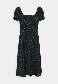 Schwarzes Kleid mit kurzen Puffärmeln, quadratischem Ausschnitt und grünen Punkten. A-Linien-Silhouette mit fließender Textur. Mittellanger Schnitt.