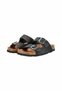 Sandali in suede nero con due fibbie regolabili e suola in sughero. La soletta è color beige e la suola in gomma presenta un grip testurizzato.