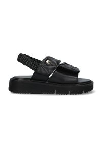 Zwarte leren sandaal met elastische band, gevoerd voetbed en textuur rubberen zool. Kenmerkt gestikte accenten en een logo-detail.