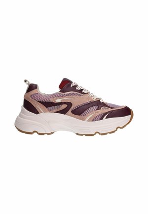 Sneakers with a mix of pink, maroon, and beige mesh and leather. Features a thick white sole, contrasting textures, and patterned overlays.