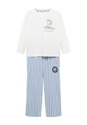 Haut blanc à manches longues avec un graphique de Snoopy et Woodstock ainsi que le texte "PEANUTS", associé à un pantalon à rayures verticales bleues et blanches avec un patch circulaire.