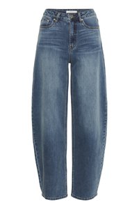 High-waisted, loose-fitting blue jeans made of denim, featuring a button closure, five pockets, and subtle fading on the fabric.