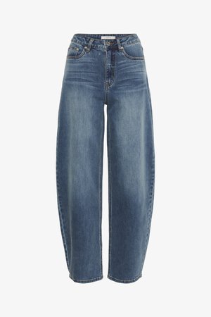 Högmidjade, löst sittande blå jeans av denim, med knappstängning, fem fickor och subtil blekning på tyget.