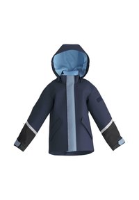 Marineblå vandtæt jakke med en blå indvendig foring, frontlynlås, to sidelommer og reflekterende detaljer på ærmer og kant.