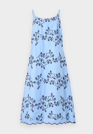 Light blue sleeveless dress with thin straps, decorated with dark blue floral embroidery and scalloped hem.