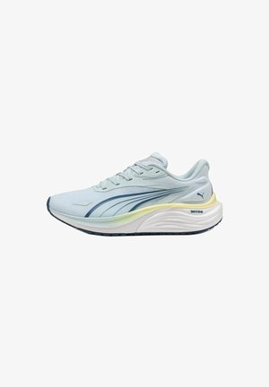 Light blue athletic shoe with a mesh upper and a cushioned sole. Features a dark blue stripe and subtle yellow accents on the heel.