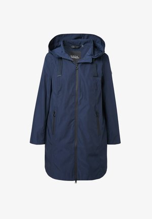 Námořnický modrý pláštěnka s kapucí, přední zip, dvě kapsy na zip a nastavitelné šňůrky na kapuci, ke kolenům.