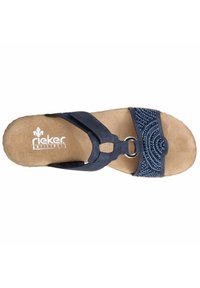 Navy blue sandal with two straps; one features a textured design and decorative embellishments. Soft beige footbed with logo.