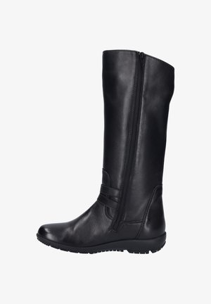 Stivale al ginocchio in pelle nera con finitura liscia e zip laterale, dotato di punta arrotondata e suola in gomma per una buona presa.