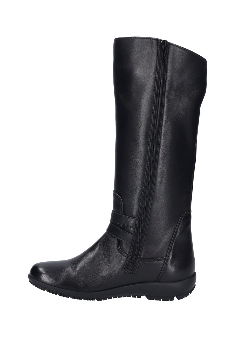 Botte noire en cuir montant avec une finition lisse et une fermeture éclair sur le côté, dotée d'un bout arrondi et d'une semelle en caoutchouc pour une meilleure adhérence.