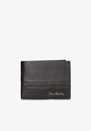 Portefeuille en cuir noir avec une surface texturée, présentant des détails de couture horizontale et un accent logo argenté en bas à droite.