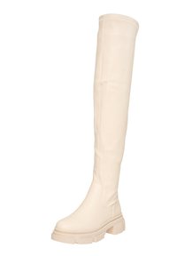 Botas por encima de la rodilla hechas de suave cuero beige con suela de plataforma gruesa y punta redondeada, con sutiles detalles de costura.