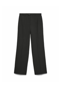 Black wide-leg trousers made of smooth fabric; features a button closure, flat front, and two side pockets. Tailored design, no patterns.