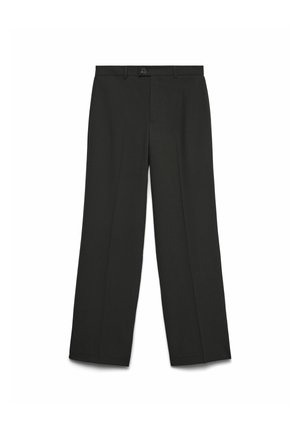 Black wide-leg trousers made of smooth fabric; features a button closure, flat front, and two side pockets. Tailored design, no patterns.