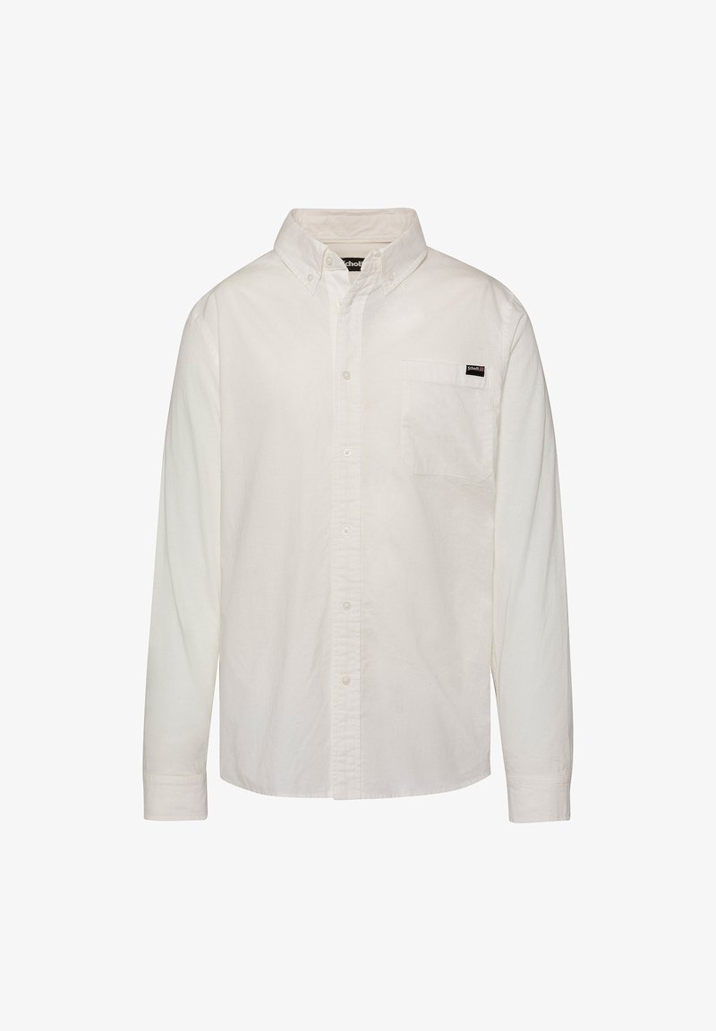 Chemise blanche à manches longues avec col boutonné et poche poitrine affichant une petite étiquette noire et blanche.