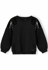 Svart sweatshirt med paljetter på axlarna, ribbade ärmar och en sidodragning. Materialet verkar mjukt med en texturerad finish.
