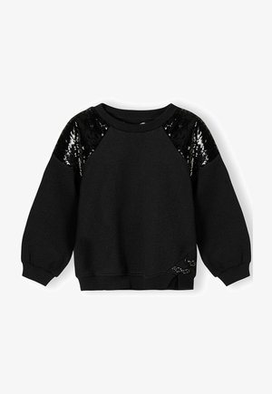 Čierna mikina s ramennými detailmi zdobenými flitrami, manžetami s rebrovaným vzorom a bočným šnurovaním. Materiál vyzerá mäkko s textúrovaným povrchom.