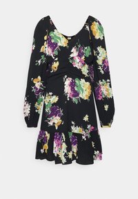 Vestido preto floral com mangas longas, decote em V, corpete franzido, padrões florais coloridos em roxo, amarelo e verde, e um acabamento em babados.