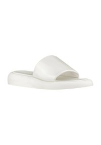 White slip-on sandal with a wide rounded strap and a thick, cushioned sole. Smooth texture with no visible patterns or hardware.