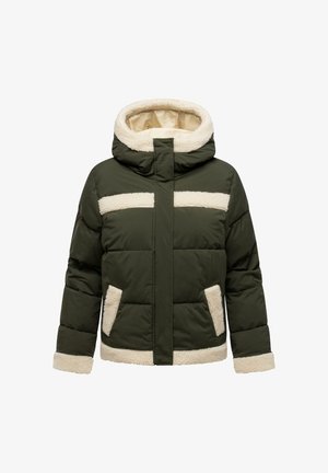 Doudoune vert foncé avec doublure en polaire crème sur la capuche, la bande sur la poitrine, les poches, les poignets et l'ourlet, fermeture éclair à l'avant et design rembourré.