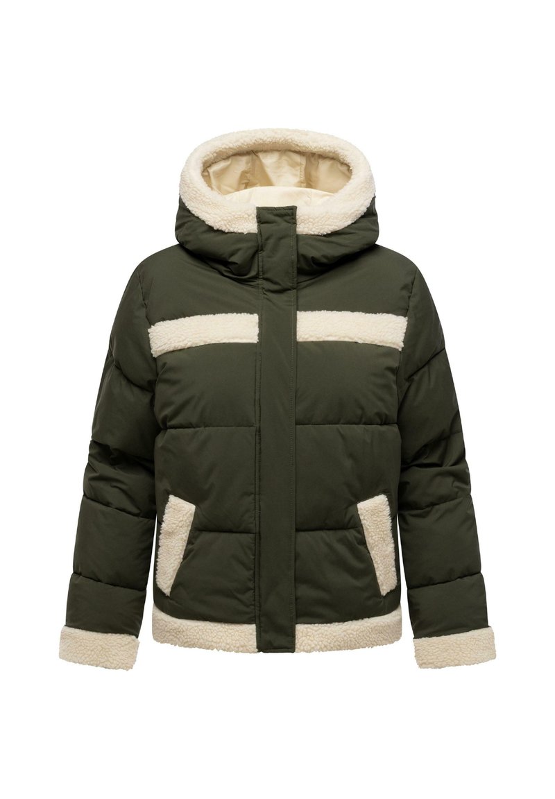Mörkt grön pufferjacka med krämfärgad fleece-foder på huvan, bröststripe, fickor, muddar och nederkant, dragkedja fram och vadderad design.