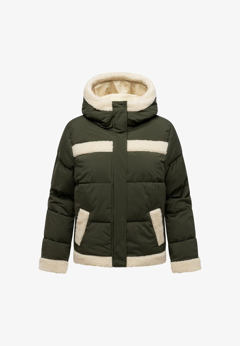 Ciemnozielona kurtka puchowa z kremowym wykończeniem z polarowego materiału przy kapturze, pasku na klatce piersiowej, kieszeniach, mankietach i dolnym brzegu, z zapięciem na zamek błyskawiczny oraz wkładką ocieplającą.