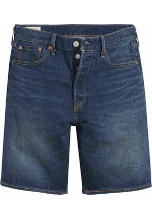 Jeansowe szorty w ciemnoniebieskim kolorze z klasycznym pięciopocketowym wzorem, wyposażone w mosiężne akcesoria i kontrastujące pomarańczowe szwy.