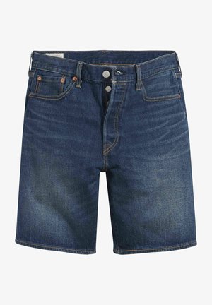 Jeansowe szorty w ciemnoniebieskim kolorze z klasycznym pięciopocketowym wzorem, wyposażone w mosiężne akcesoria i kontrastujące pomarańczowe szwy.