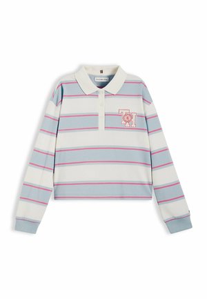 Langärmliges Poloshirt mit weißen und hellblauen horizontalen Streifen, dünnen rosa Linien, einem geknöpften Kragen und rosa TH-Logo auf der Brust.