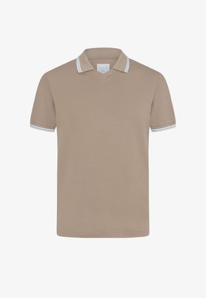 Beiges Poloshirt mit kurzen Ärmeln und weißen Streifendetails am Kragen und an den Ärmelsäumen, mit einem V-Ausschnitt.